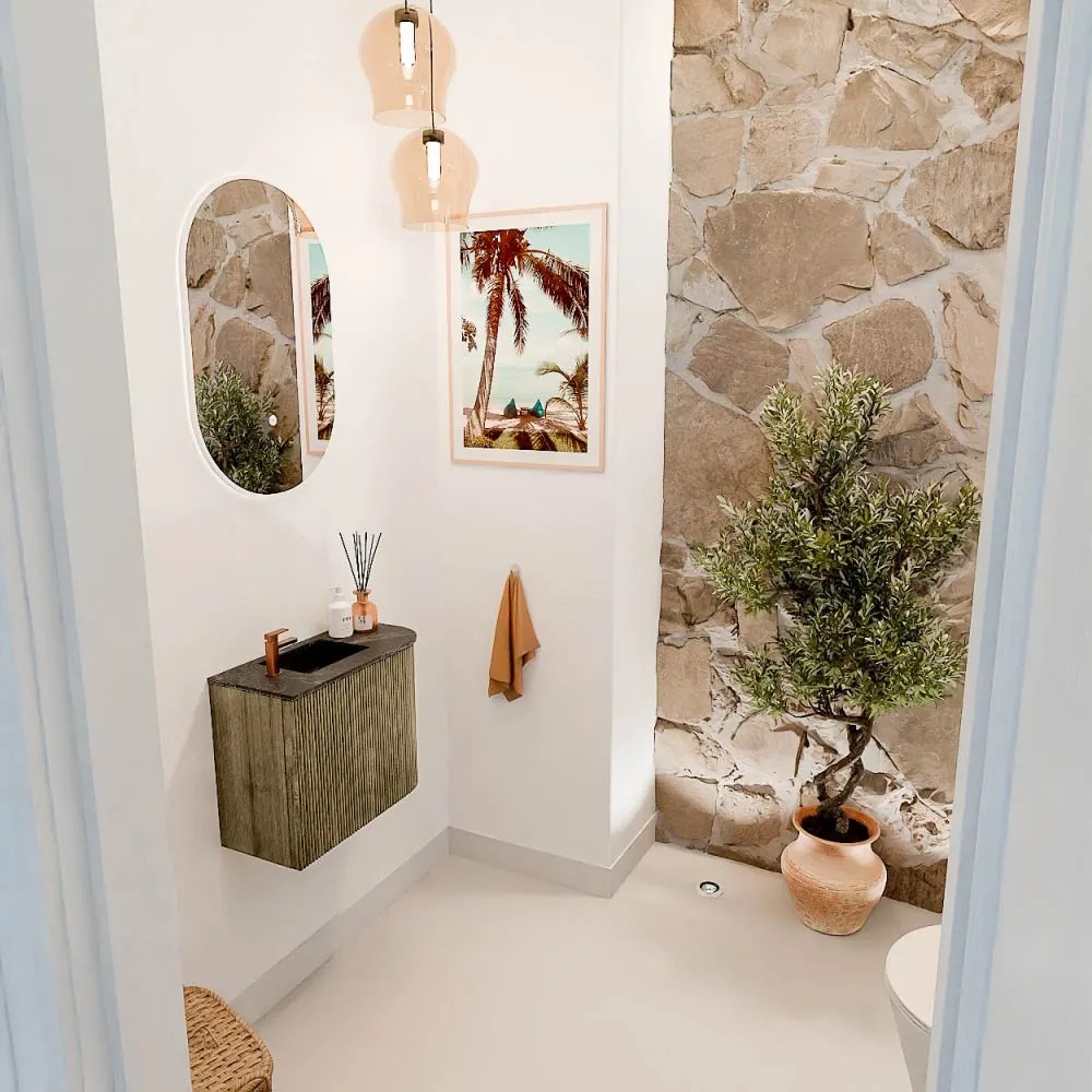 Mondiaz Joya DLux 50cm toiletmeubel ronding rechts dusk met wastafel faye links 1 kraangat lava