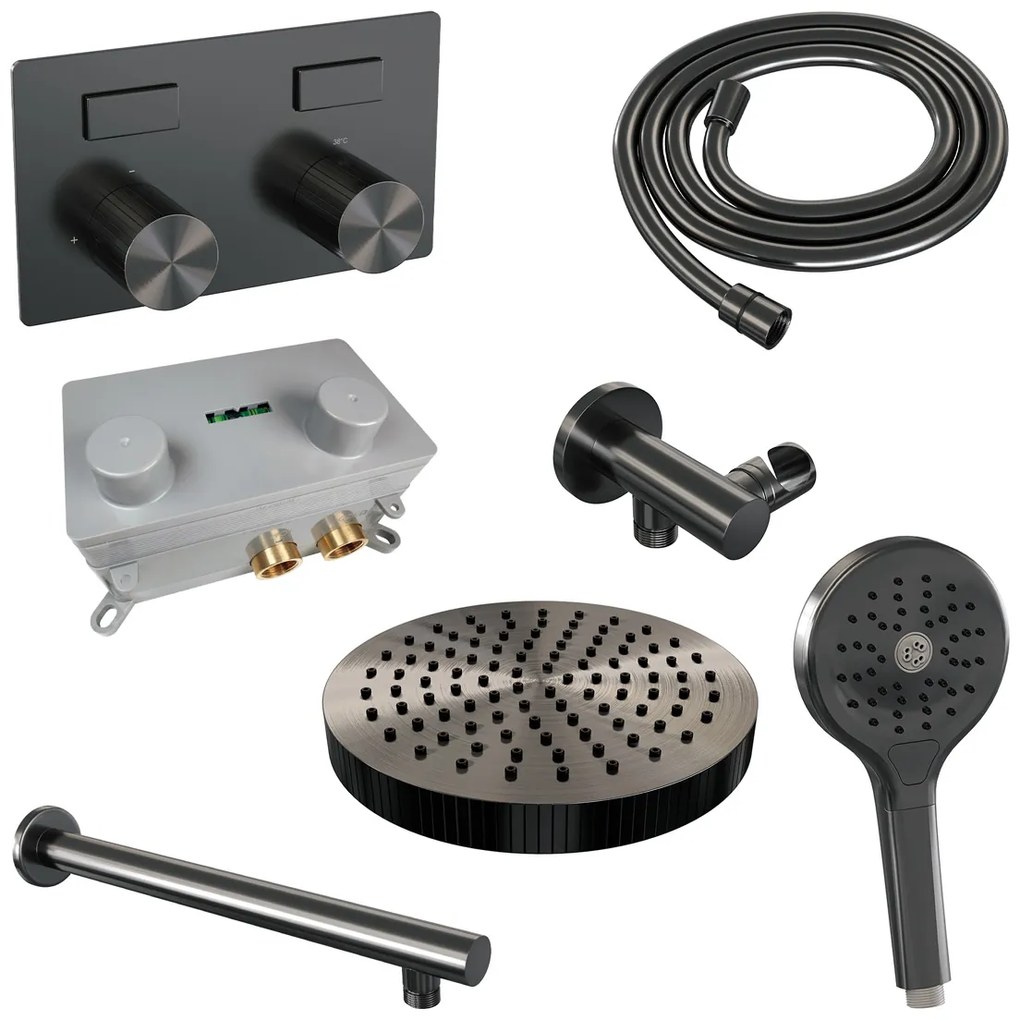 Brauer Stripe inbouw regendouche met 25cm hoofddouche, rechte muurarm en 3 standen handdouche set 28 gunmetal geborsteld PVD