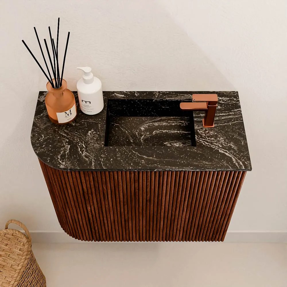 Mondiaz Joya DLux 50cm toiletmeubel ronding links ruby met wastafel faye rechts 1 kraangat lava