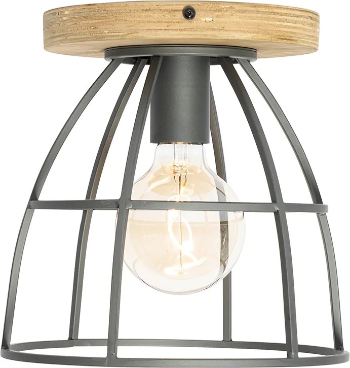 Industriële plafondlamp donkergrijs met hout - Arthur