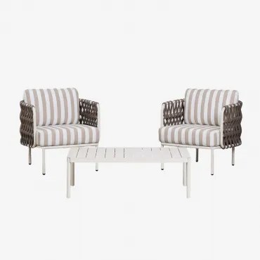Tuinset Met 2 Stoelen Van Gevlochten Touw Tevary En Salontafel Van Aluminium Boleni Stoff Mokka Bruin - Wit Gardenia - Sklum
