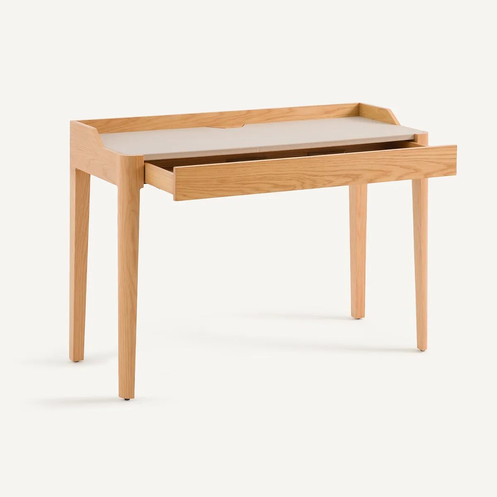 Eikenfineer en leren bureau, Junius, ontwerp door Emmanuel Gallina