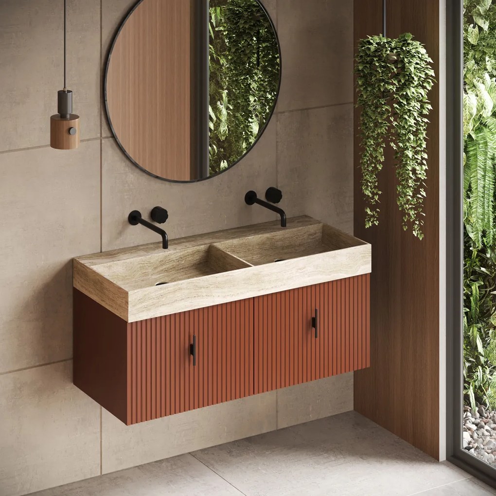 Muebles Zahora badmeubel ribbelfront 120cm terracotta met White Travertin wastafel zonder kraangaten