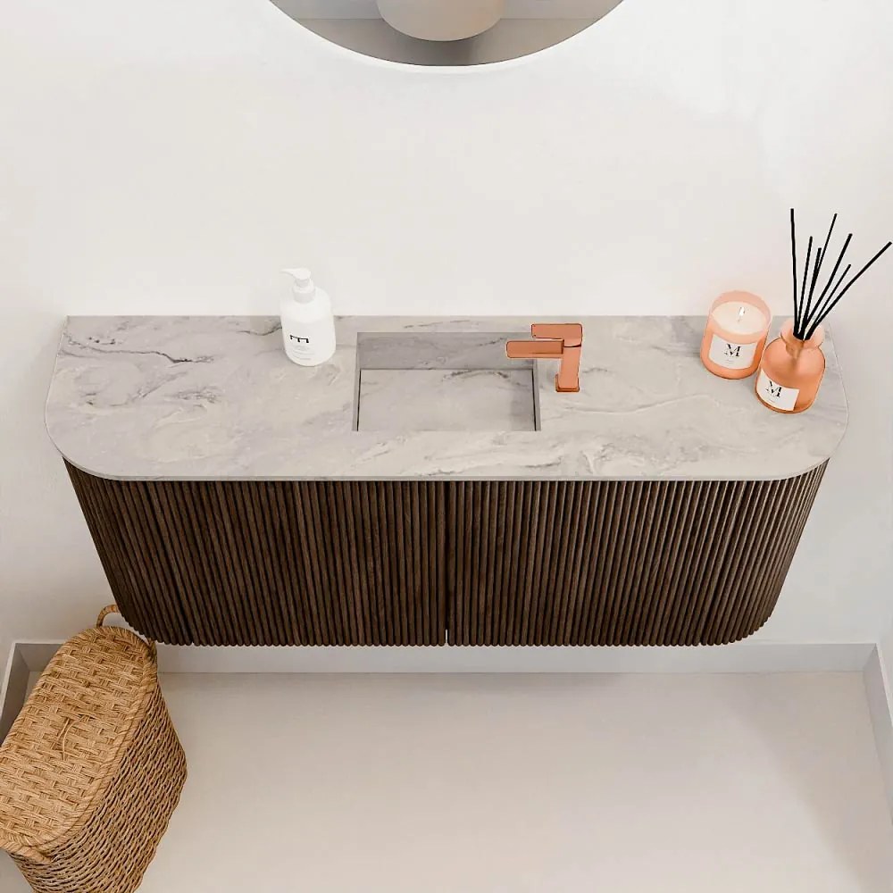Mondiaz Joya DLux 95cm toiletmeubel ronding links/rechts walnut met wastafel faye midden 1 kraangat glace