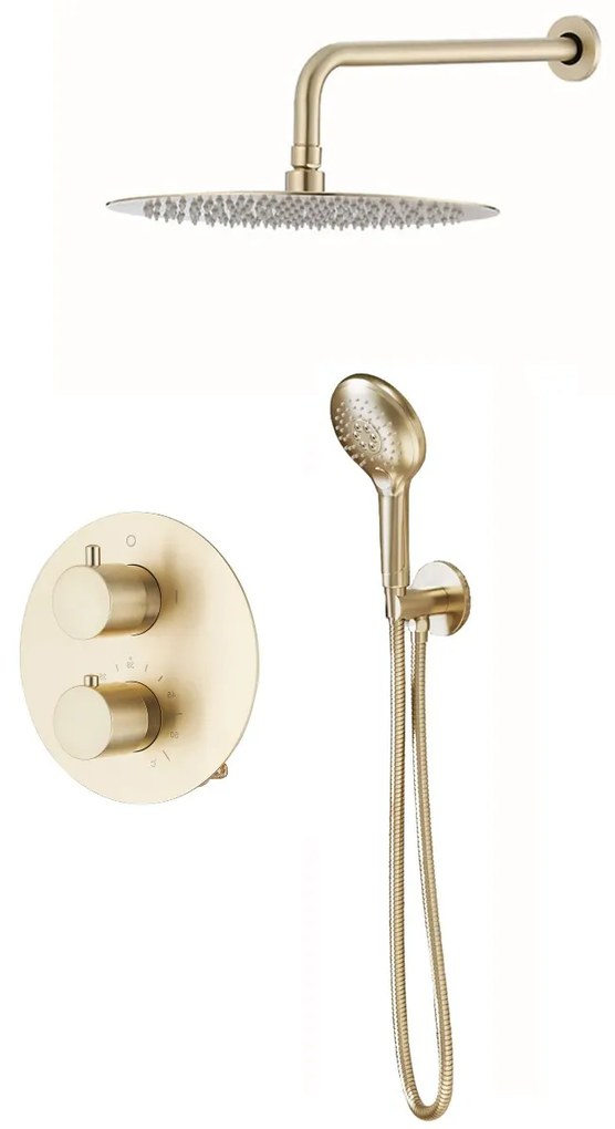 Saniclear Brass inbouw regendouche rond met 20cm hoofddouche, wandarm en 2 standen handdouche geborsteld messing - mat goud