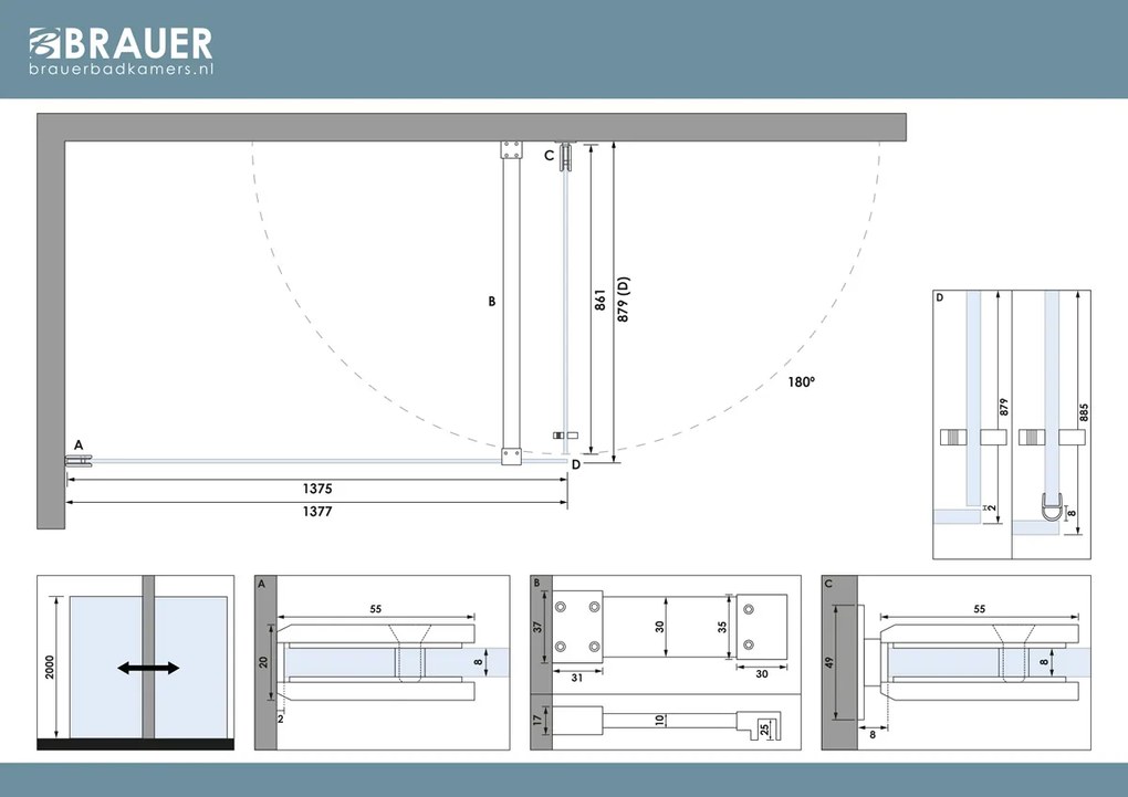 Brauer Void profielloze douchecabine 90x140cm koper geborsteld PVD