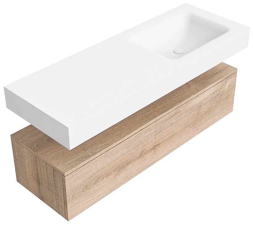 Zaro Alan badmeubel 130cm washed oak 1 lade met vrijhangende wastafel cloud rechts 1 kraangat talc