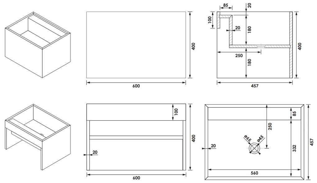 Brauer Cube wastafel 60cm zwart zonder kraangat