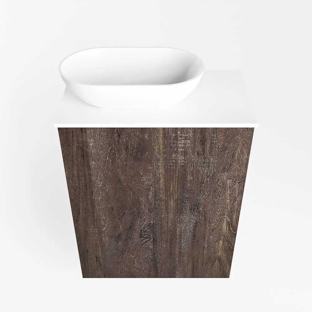 Mondiaz Fowy toiletmeubel 40cm dark brown met witte waskom links en kraangat