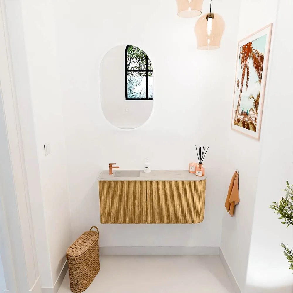 Mondiaz Joya DLux 90cm toiletmeubel ronding rechts oak met wastafel faye links 1 kraangat opalo