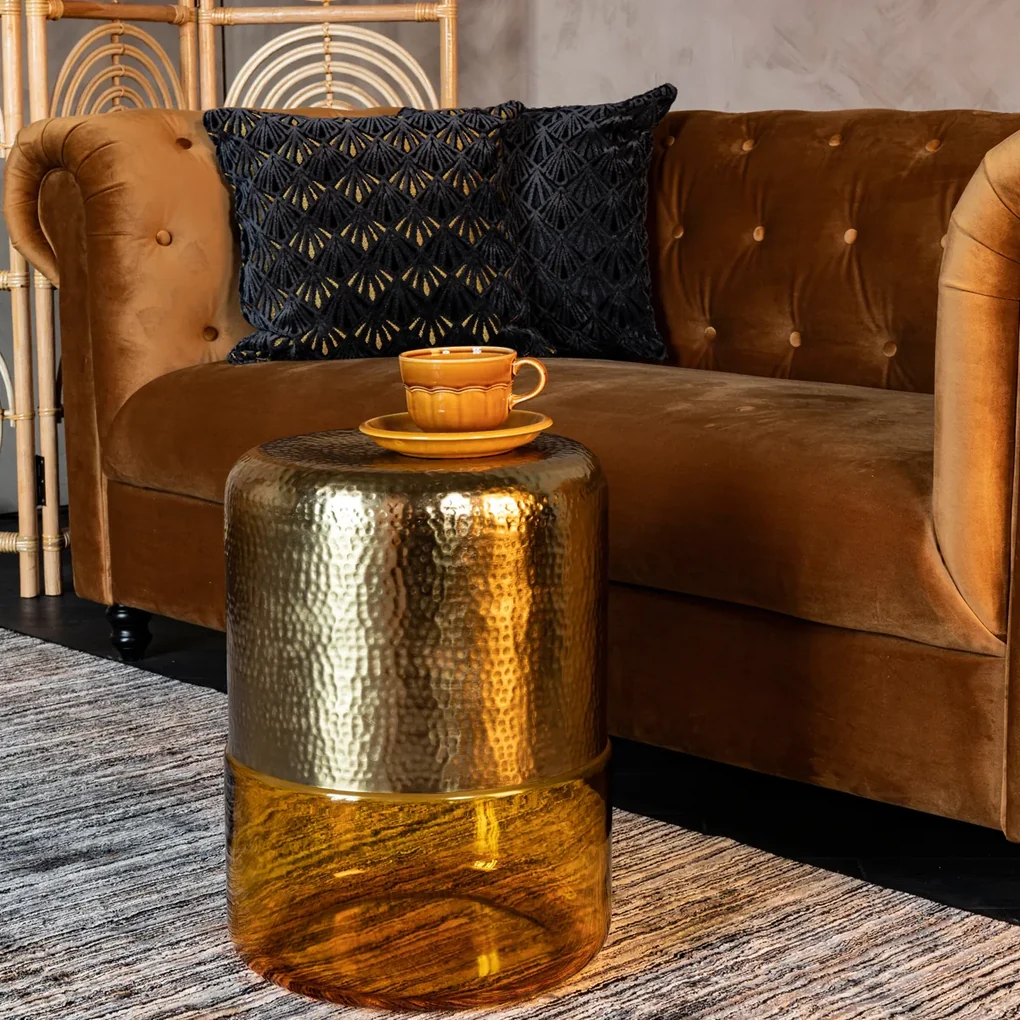 Dutchbone Cave Gouden Bijzettafel Met Amber Glas - 35 X 35cm.