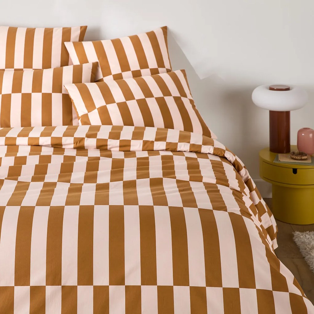 Dekbedovertrek van 50% gerecycled katoen, geometrische print, TABAKA CARAMEL