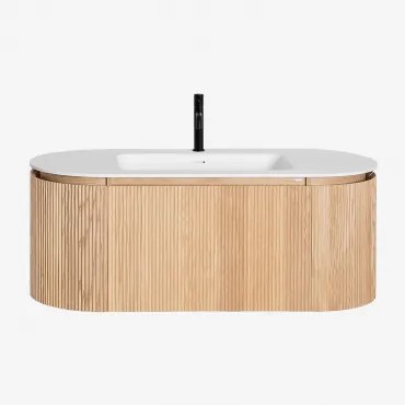 Carsone Zwevend Houten Badkamermeubelset Met Geïntegreerde Wastafel Natuurlijk Hout & Zonder Extra Eenheid & Spiegelloze & Mat Zwart - Sklum