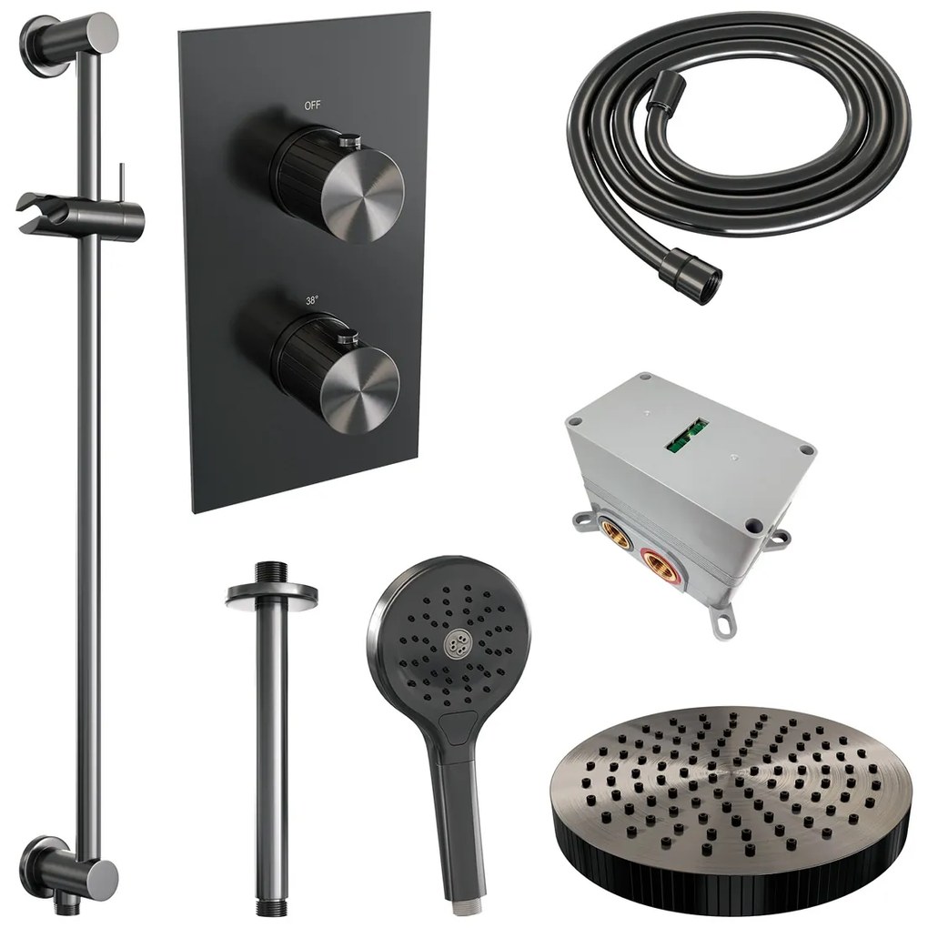 Brauer Stripe inbouw regendouche met 25cm hoofddouche, met plafondarm, glijstang en 3 standen handdouche set 24 gunmetal geborsteld PVD