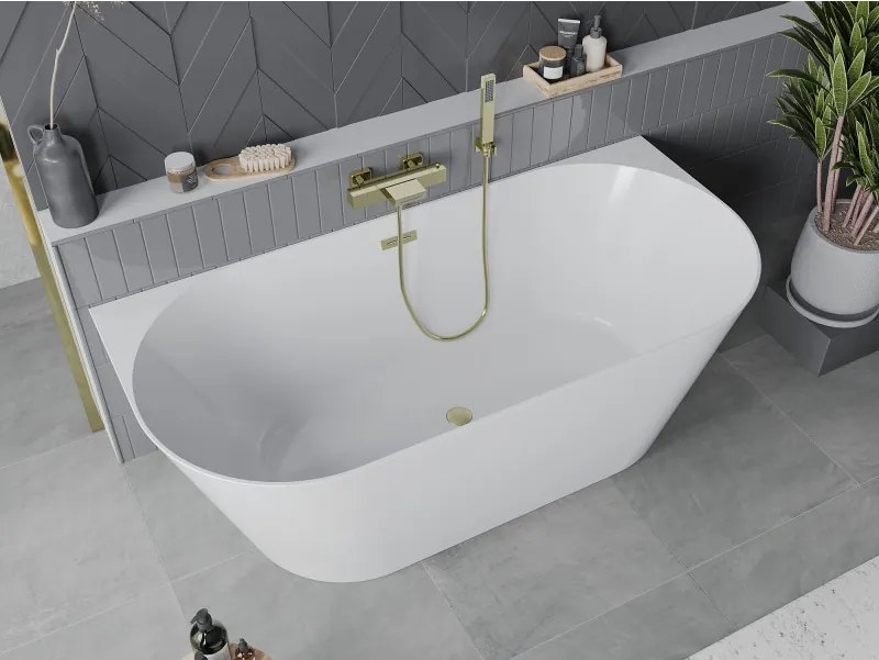 Mexen Oval Slim vrijstaande halfvrijstaande badkuip 170 x 80 cm, wit, overloop geborsteld goud - 52661708000-55