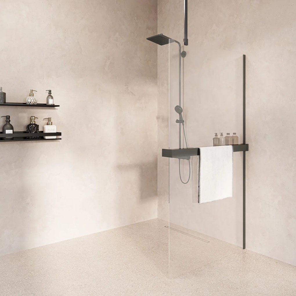 Saniclear Bright inloopdouche 100cm met handdoekhouder en helder glas verouderd ijzer - gunmetal