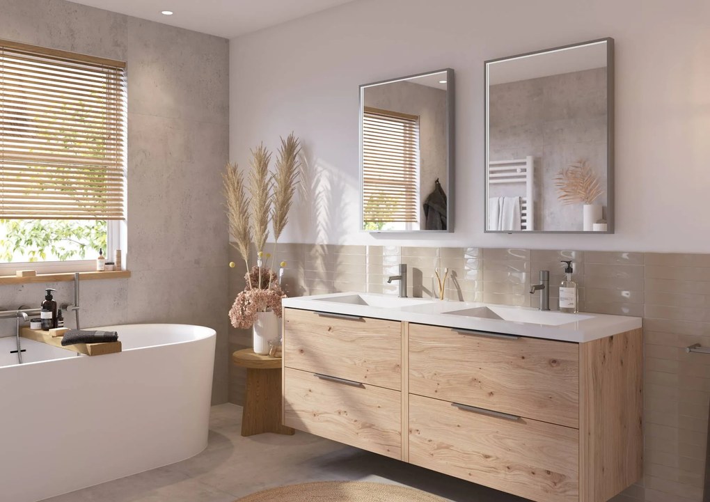 Saqu Lima badmeubel incl. dubbele glans witte wastafel 160x52x64cm naturel eiken – rvs greep