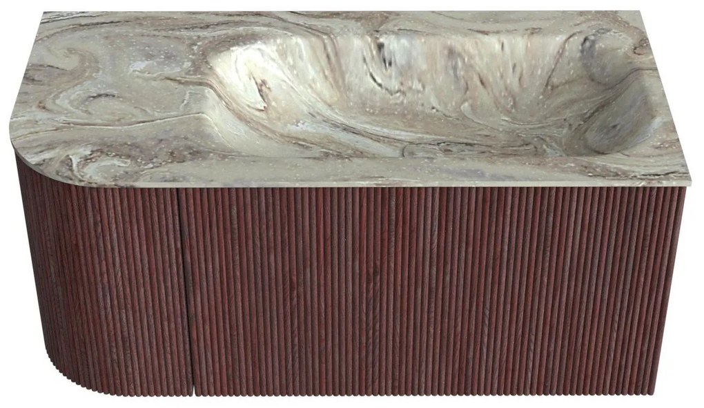 Mondiaz Kurve-dlux 95cm badmeubel ronding links ruby met 1 lade en deur en wastafel big small rechts zonder kraangat glace
