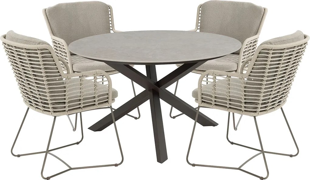 4 Seasons Fabrice tuinset 5-delig - Prado tuintafel Ø130 cm - ceramic sabbia terre