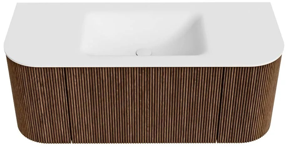 Mondiaz Kurve 110cm badmeubel ronding links/rechts walnut met 1 lade en 2 deuren en wastafel cloud midden zonder kraangat