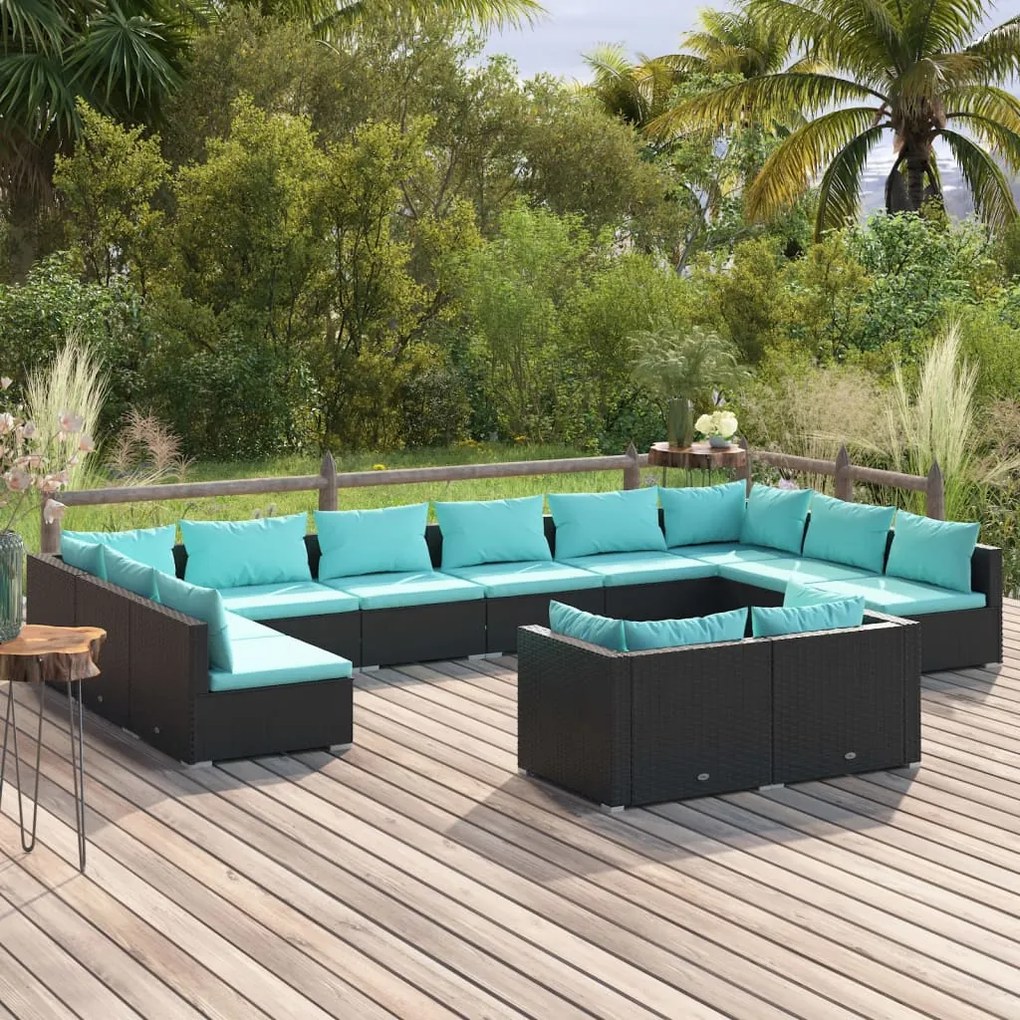 vidaXL 12-delige Loungeset met kussens poly rattan zwart