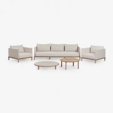 Tuinset Met 3-zitsbank, 2 Fauteuils En 2 Ronde Salontafels Van Acaciahout Olivia Lichte Acaciekleur & Wit Gardenia - Lichtbruin Acacia - Sklum