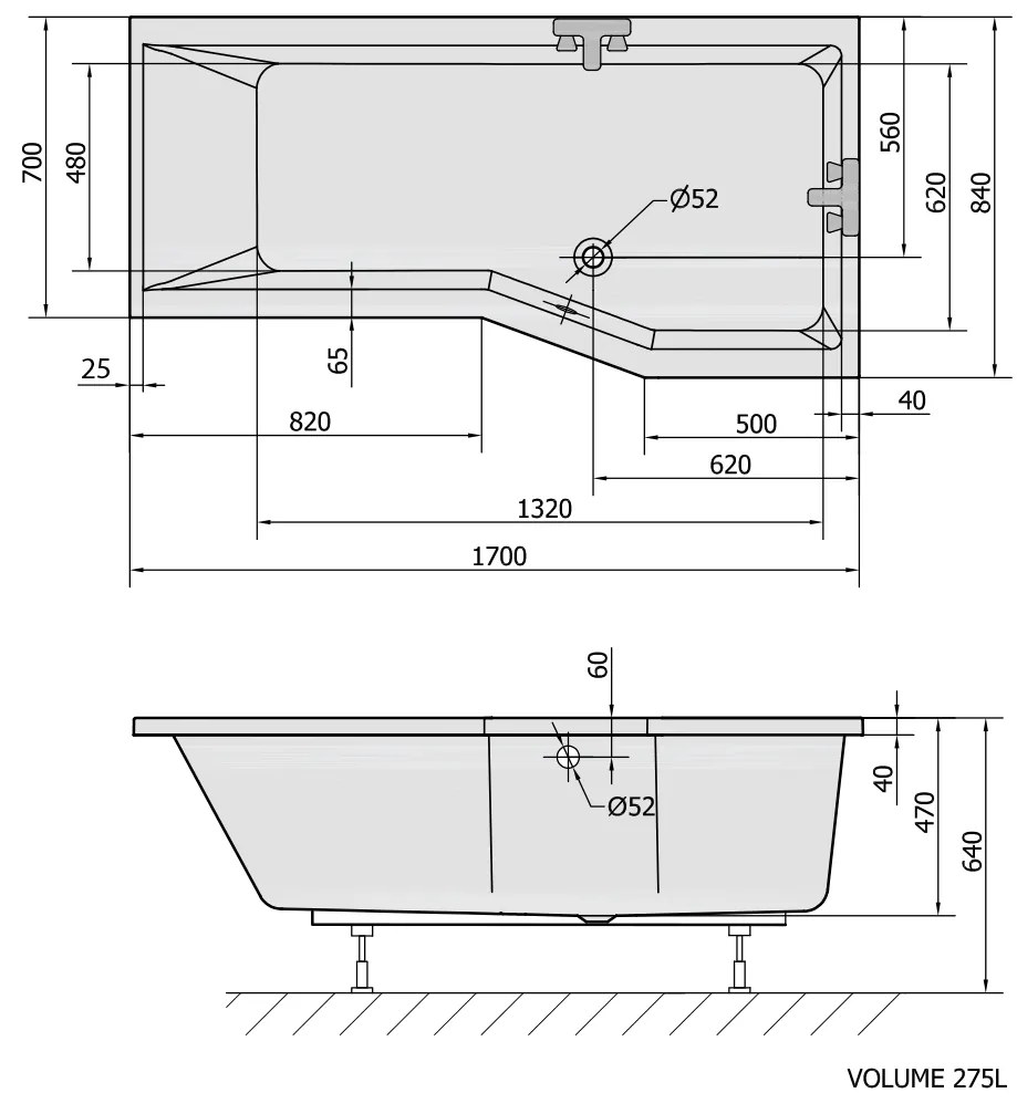 Polysan Versys asymmetrisch bad rechts 170x84x47cm wit