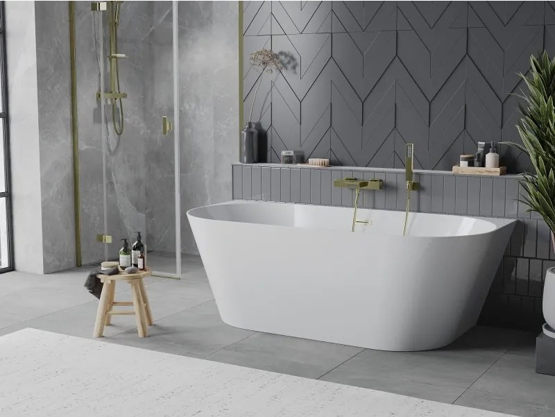 Mexen Oval Slim vrijstaande halfvrijstaande badkuip 170 x 80 cm, wit, overloop geborsteld goud - 52661708000-55