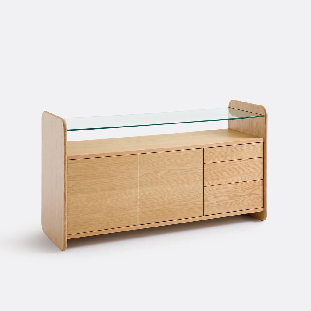 Eiken fineer dressoir, blad van gehard glas, 2 deuren en 3 lades, ERICSON