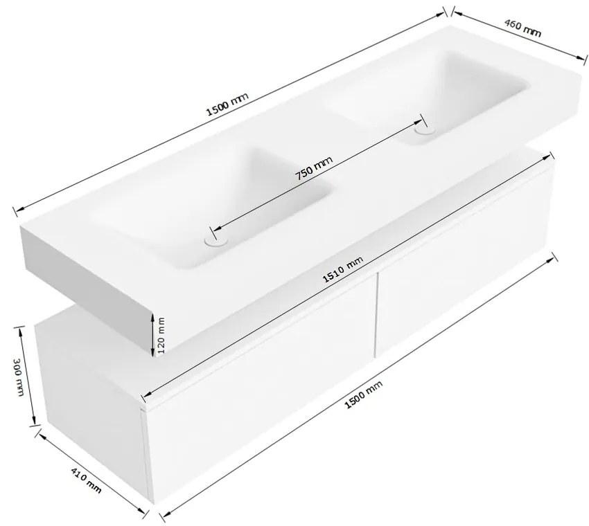 Zaro Alan badmeubel 150cm sand met 2 lades en vrijhangende wastafel dubbel met 2 kraangaten wit mat