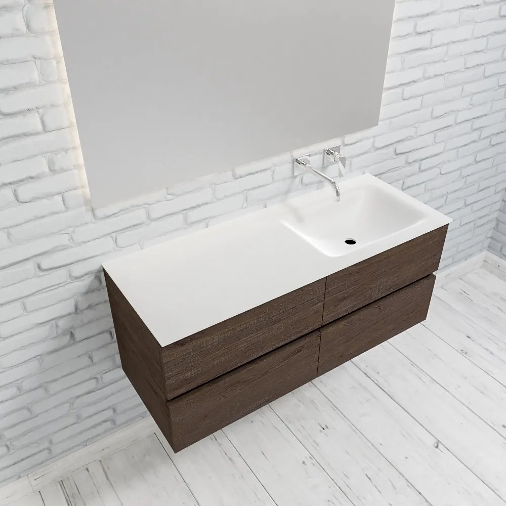 Zaro Valencia Solid Surface badmeubel 120cm donker eiken zonder kraangat spoelbak rechts met 4 lades