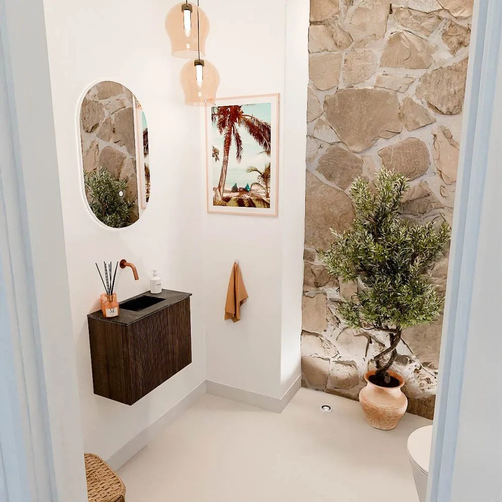 Mondiaz Joya DLux 50cm toiletmeubel walnut met wastafel faye midden zonder kraangat lava