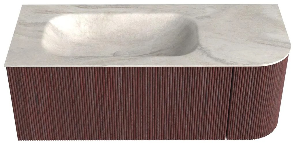 Mondiaz Kurve-dlux 115cm badmeubel ronding rechts ruby met 1 lade en deur en wastafel big small links zonder kraangat ostra