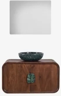 Hangend Badkamermeubelset 95x45 Cm Van Mangohout En Natuurlijke Kivalina-steen Rechthoekige Led En Anticondens 80x70 Cm Riben & Zonder Kraan & Groen M