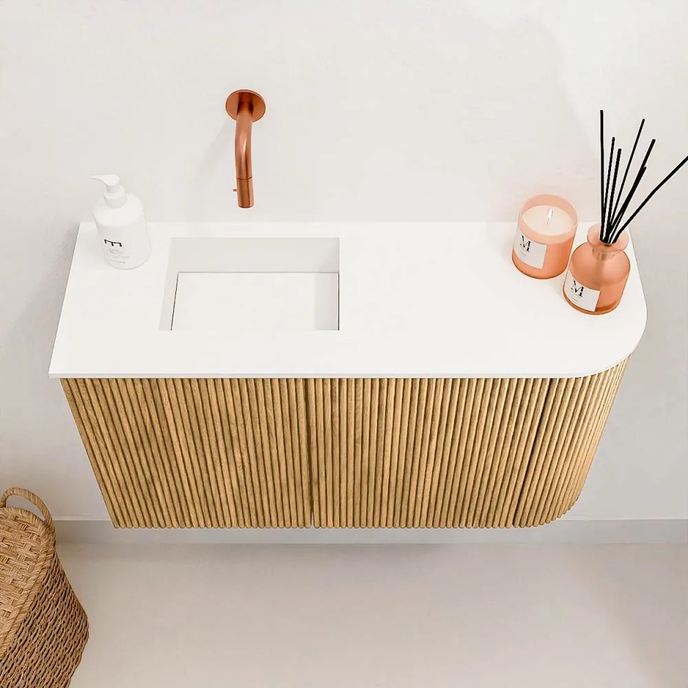 Mondiaz Joya 70cm toiletmeubel ronding rechts oak met wastafel faye links zonder kraangat talc