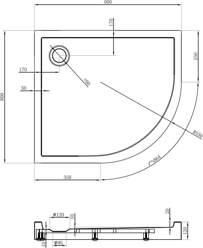 Mexen Flow+ asymmetrische linker kwartronde douchebak 90 x 80 cm, witte glans - 46Q108090LH