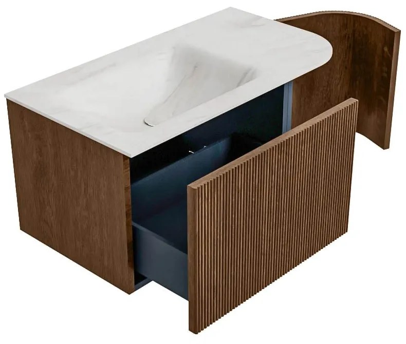 Mondiaz Kurve-dlux 85cm badmeubel ronding rechts walnut met 1 lade en deur en wastafel cloud kraangat links ostra