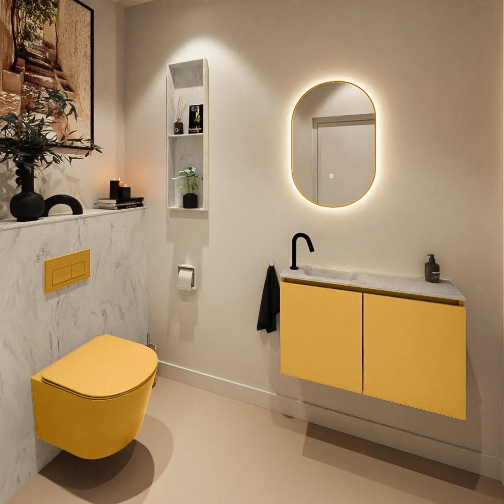 Mondiaz Ture DLux toiletmeubel 80cm ocher met wastafel opalo links met kraangat