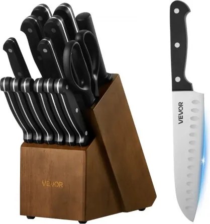 VEVOR Keukenmessenset met messenblok (hout) en slijpstaaf, 15-delige messenset van scherpe messen van hoogwaardig roestvrij staal, keukengerei met ergonomische ABS-handgreep, voor hobbykoks.