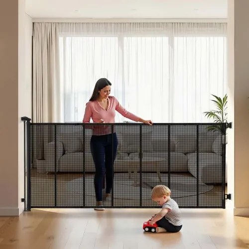 VEVOR Intrekbaar babyhekje, hondenhekje, uitschuifbaar tot 305 cm breed / 98 cm hoog, huisdierhekje met versterkte glasvezelstrips, gaasbeschermingshekje voor patio's, deuren en garages
