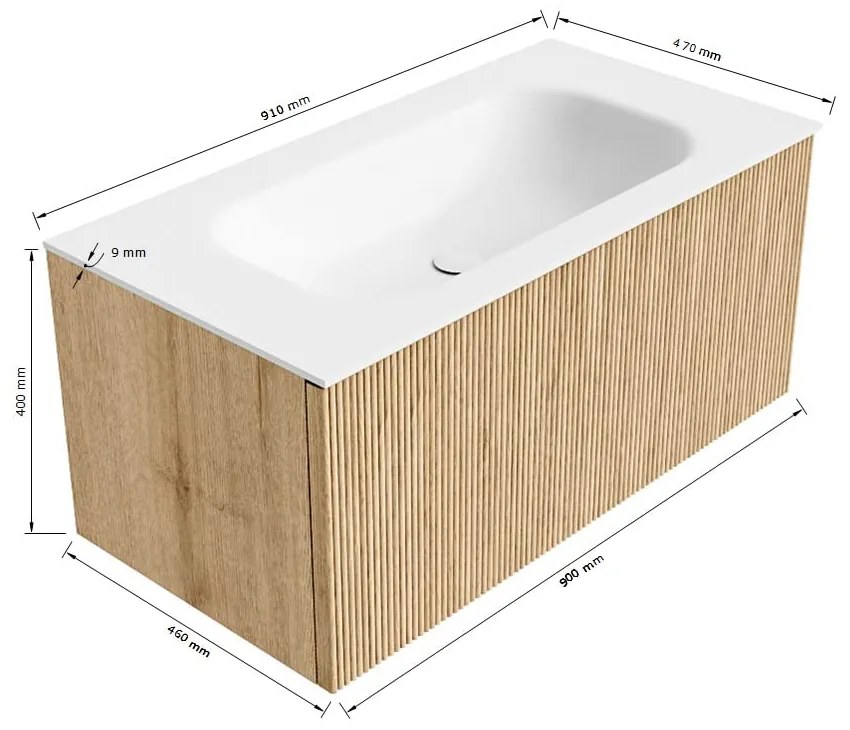 Mondiaz Kurve 90cm badmeubel shadow met 1 lade en wastafel big small midden zonder kraangat
