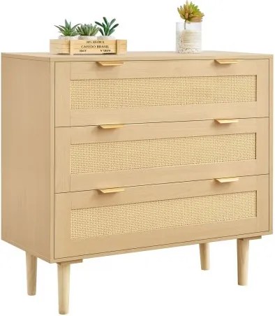 VEVOR Rattan Commode met 3 Laden, Metalen Handgrepen &amp; Houten Poten, Moderne Rattan Kast voor Slaapkamer, Woonkamer, Hal (80 x 35 x 77 cm) Kledingkast, Ladekast