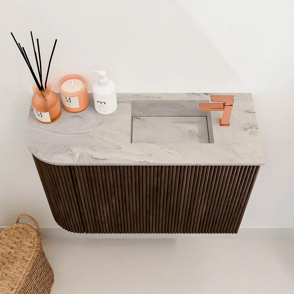 Mondiaz Joya DLux 60cm toiletmeubel ronding links walnut met wastafel faye rechts 1 kraangat glace