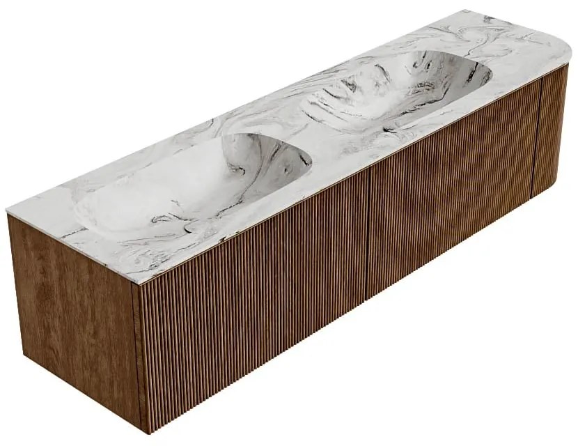 Mondiaz Kurve-dlux 175cm badmeubel ronding rechts walnut met 2 lades en 1 deur en wastafel stor small dubbel/links 2 kraangaten glace