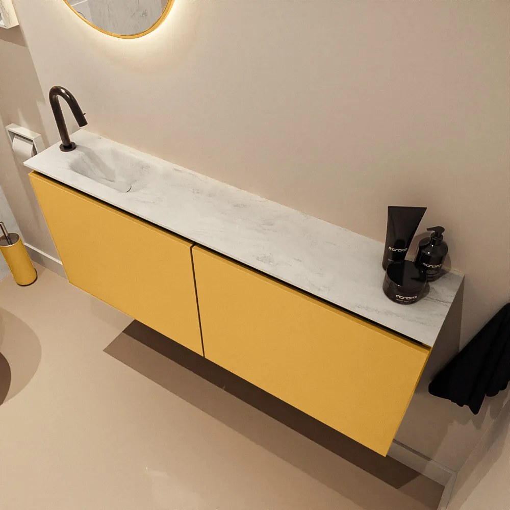 Mondiaz Ture DLux toiletmeubel 120cm ocher met wastafel opalo links met kraangat