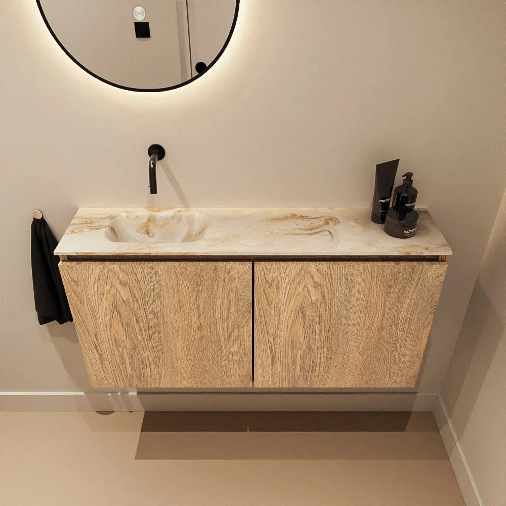 Mondiaz Ture DLux toiletmeubel 100cm washed oak met wastafel frappe links zonder kraangat