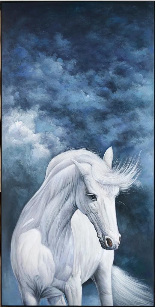 Fine Asianliving Olieverf Schilderij 100% Handgeschilderd 3D met Reliëf Effect en Zwarte Omlijsting 100x200cm Wit Paard