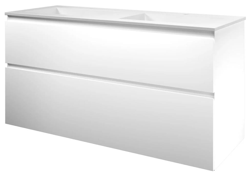 Elegant badmeubel met polystone wastafel met 2 kraangaten en onderkast a-symmetrisch - Mat wit/Glans wit - 120x46cm (bxd)