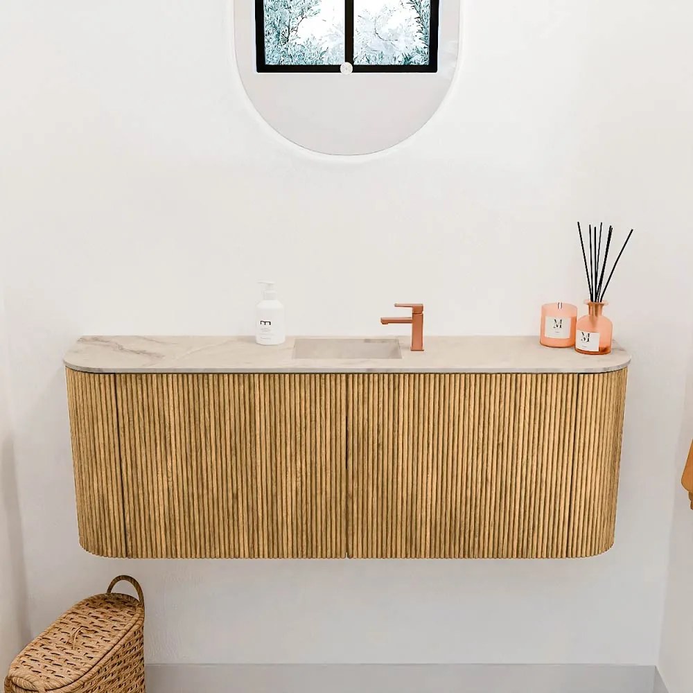 Mondiaz Joya DLux 115cm toiletmeubel ronding links/rechts oak met wastafel faye midden 1 kraangat frappe