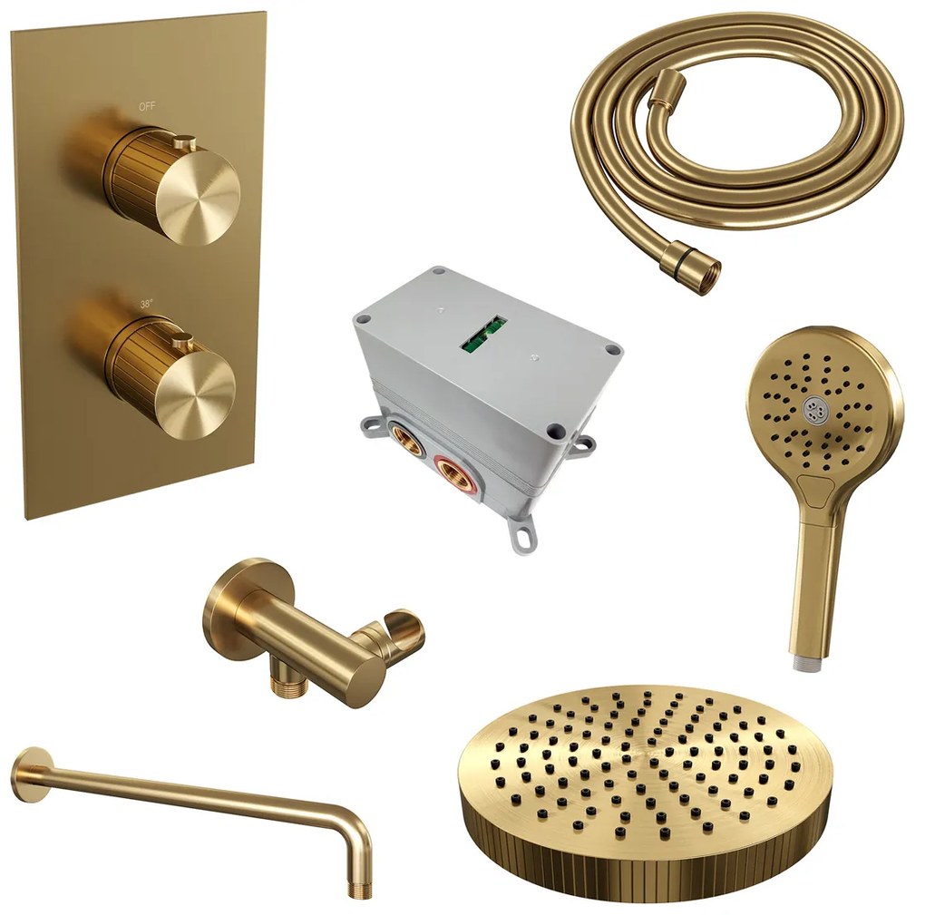 Brauer Stripe inbouw regendouche met 25cm hoofddouche, gebogen muurarm en 3 standen handdouche set 17 messing geborsteld PVD